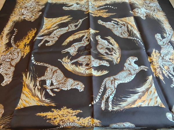 Hermes エルメス パリ スカーフ Guepards ブラウン レオパード チーター カレ90 35インチ シルク_画像9
