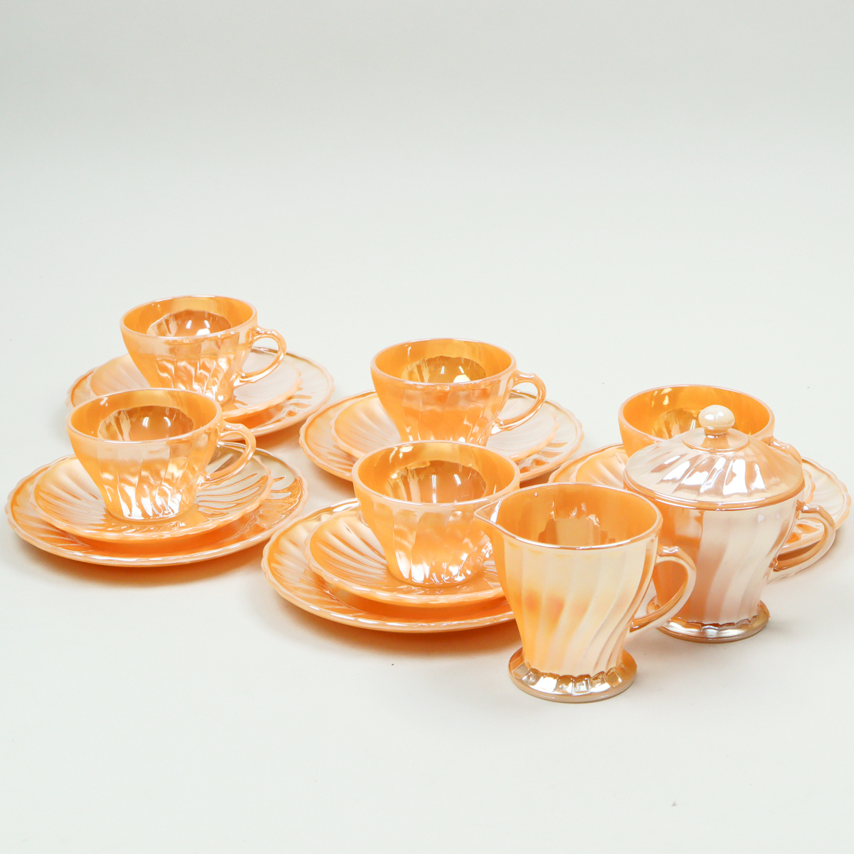 nsmE ANCHOR HOCKING Fire King ピーチラスター セット17pcs カップ ソーサー プレート ジャグ シュガー