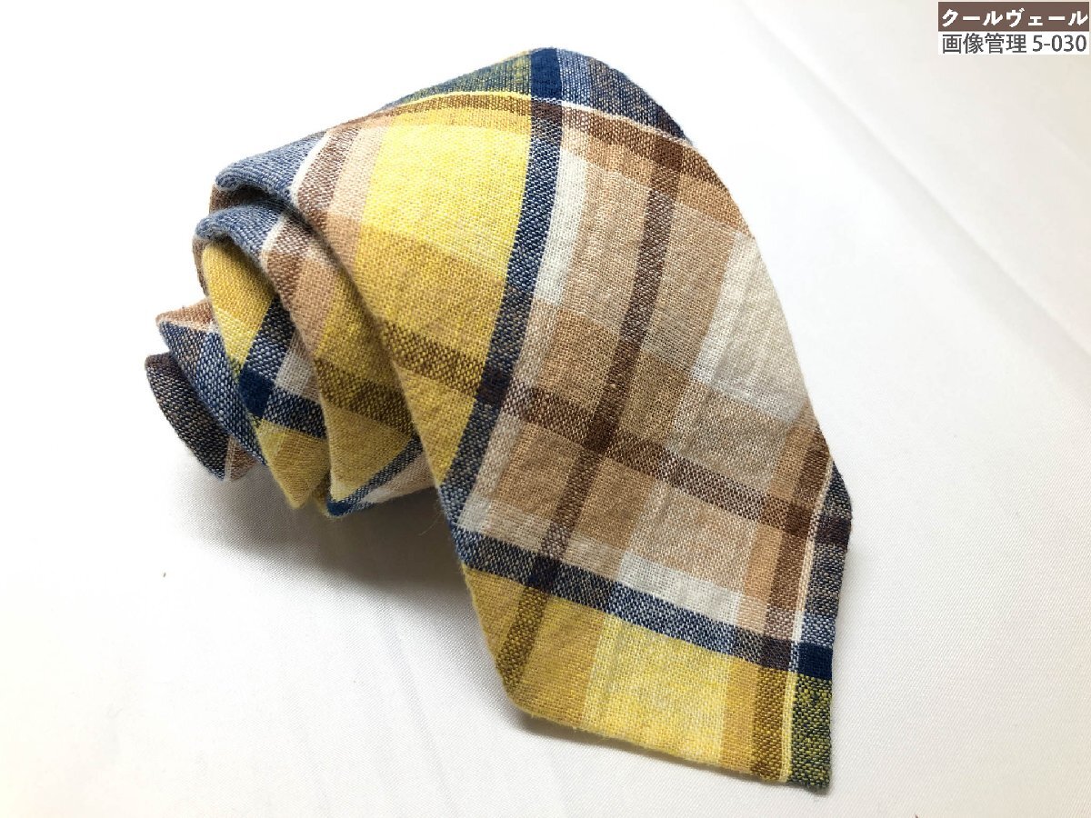美品【FAIRFAX フェアファクス】リネン×コットン チェック柄♪ シルク ネクタイ (メンズ) イエロー×ブラウン×ネイビー系 ◇17MM8736◇_画像1