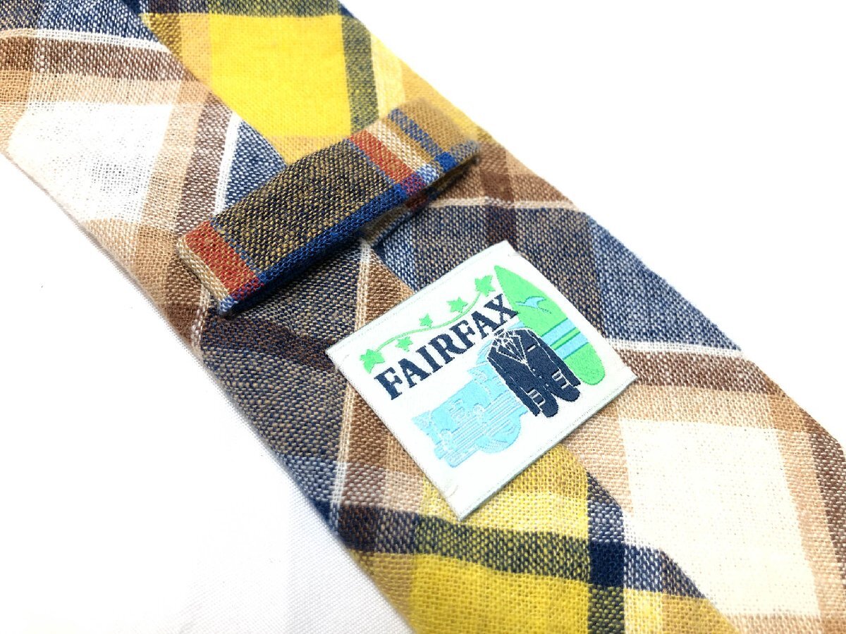 美品【FAIRFAX フェアファクス】リネン×コットン チェック柄♪ シルク ネクタイ (メンズ) イエロー×ブラウン×ネイビー系 ◇17MM8736◇_画像3