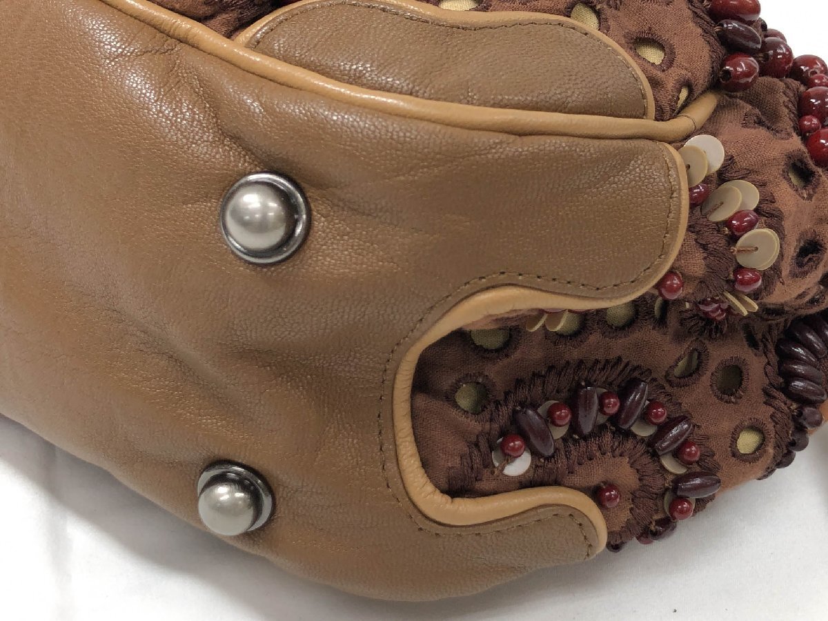 【JAMIN PUECH ジャマンピエッシュ】 ビーズ スパンコール 刺繍 コットン×レザー ハンドバッグ (レディース) ブラウン系◇5LG3182◇_画像4
