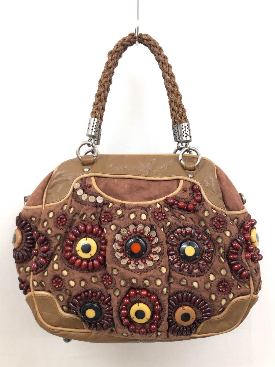 【JAMIN PUECH ジャマンピエッシュ】 ビーズ スパンコール 刺繍 コットン×レザー ハンドバッグ (レディース) ブラウン系◇5LG3182◇_画像1
