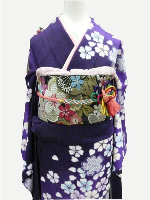 中古 振袖単品 正絹 訳有 紫地に鹿の子模様 花びら 桜 着丈158.5ｃｍ 裄64.8ｃｍ 018 送料無料