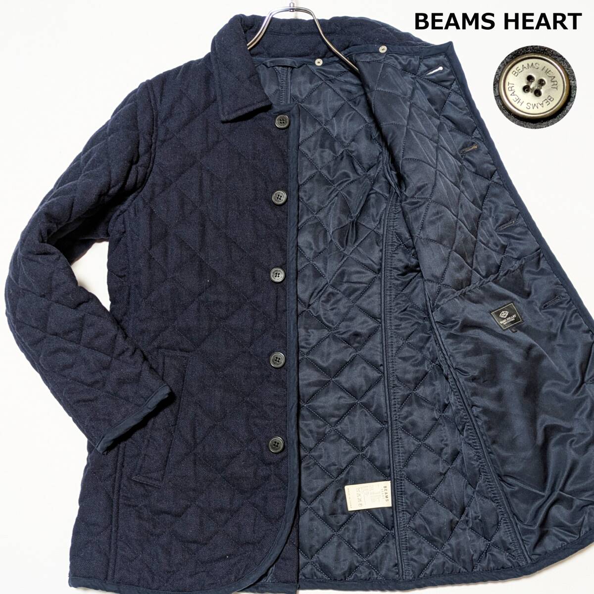 メンズL BEAMS HEART ビームスハート ダイヤ キルティングジャケット 中綿 襟 コーディロイ ネイビー 紺 ビジネス アウター _画像1