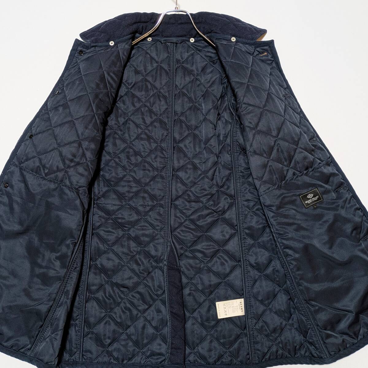 メンズL BEAMS HEART ビームスハート ダイヤ キルティングジャケット 中綿 襟 コーディロイ ネイビー 紺 ビジネス アウター _画像4