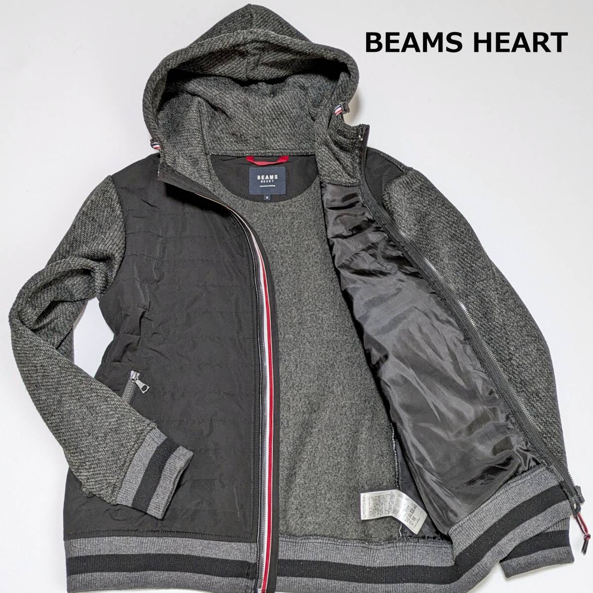 BEAMS HEART ビームスハート ニットフリース 異素材 切替 フード ブルゾン トリコロール グレー/ブラック アウター メンズ_画像1