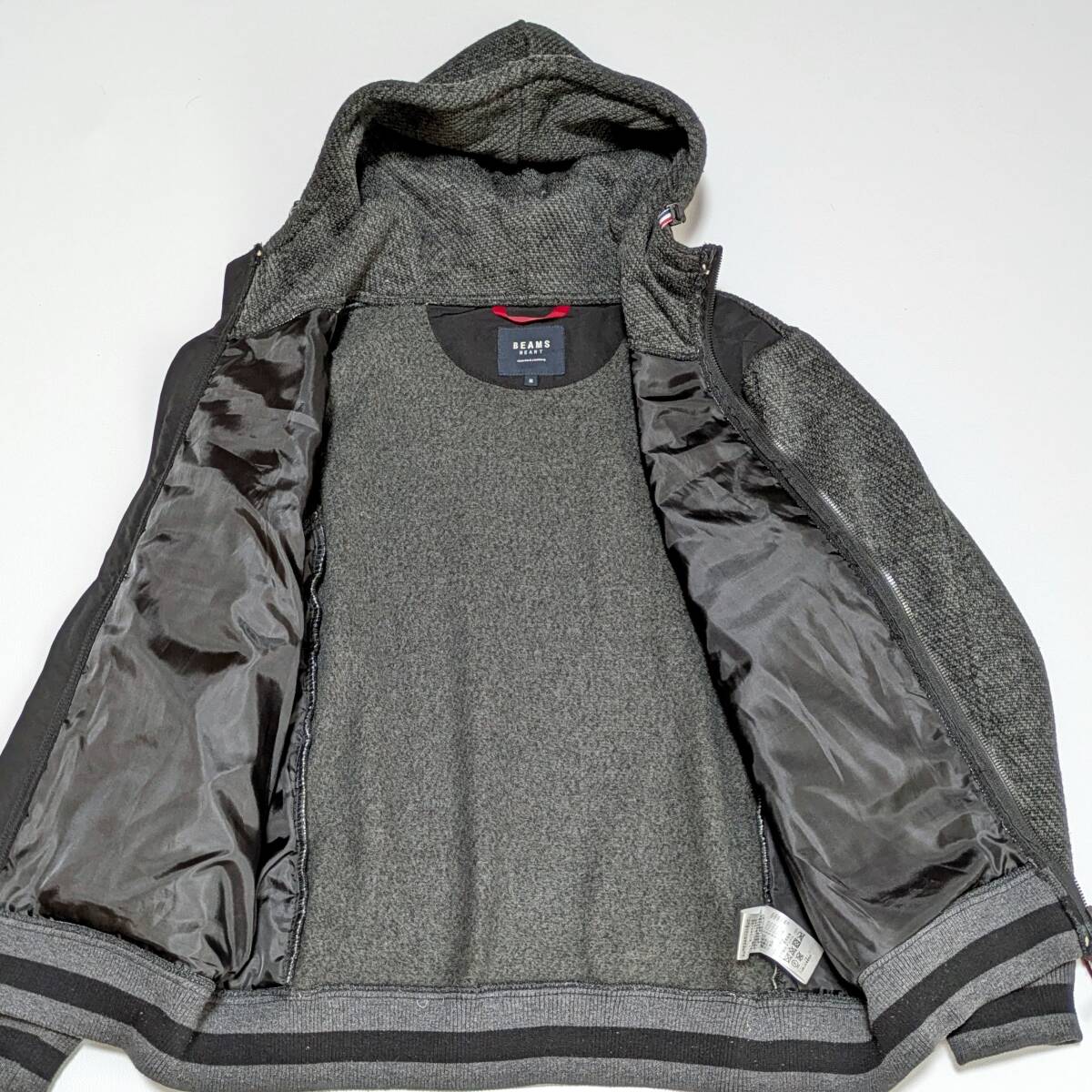 BEAMS HEART ビームスハート ニットフリース 異素材 切替 フード ブルゾン トリコロール グレー/ブラック アウター メンズ_画像4