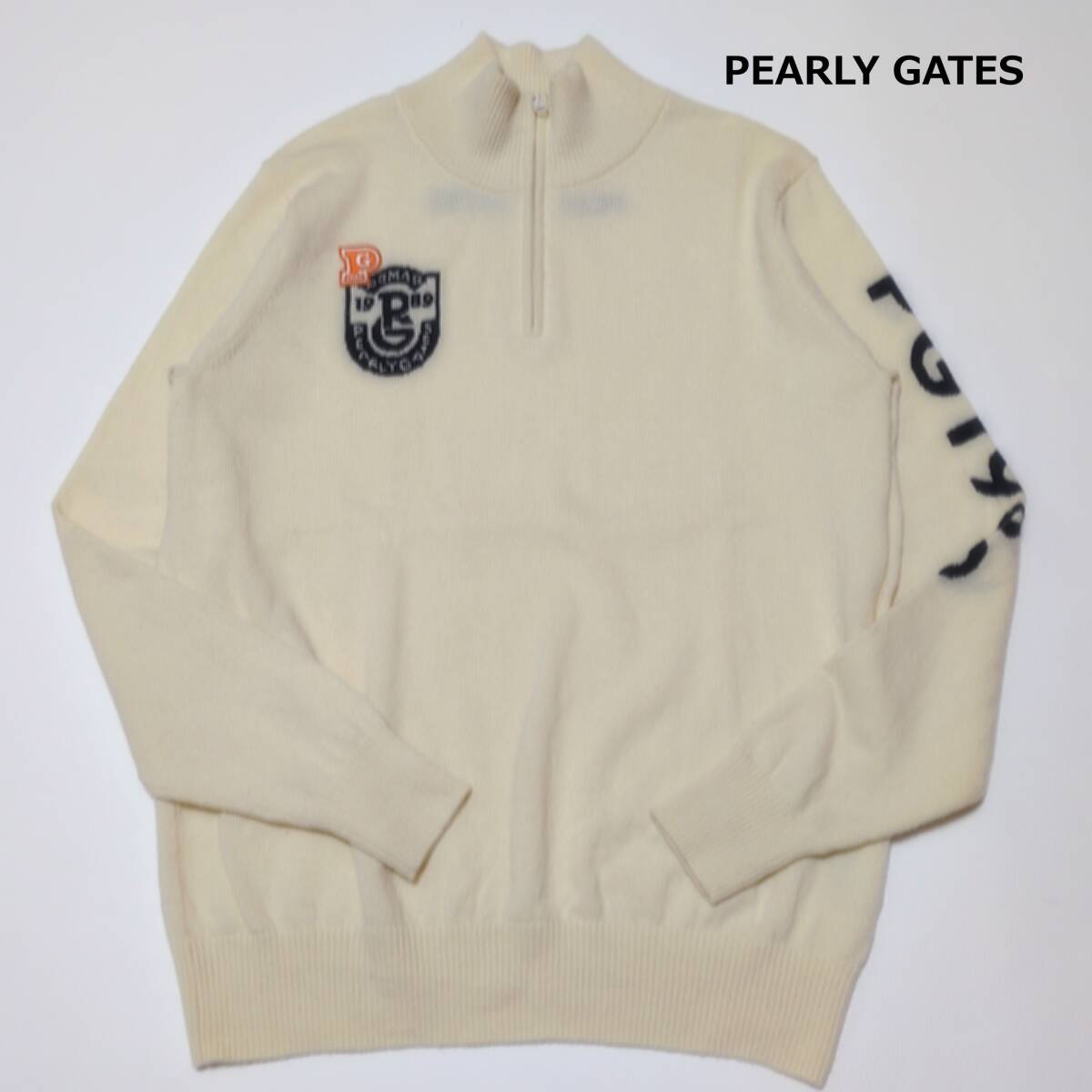 メンズL PEARLY GATES パーリーゲイツ カシミヤ混 ウール ハーフジップアップセーター ロゴ ニット オフホワイト ゴルフ ウェア_画像1