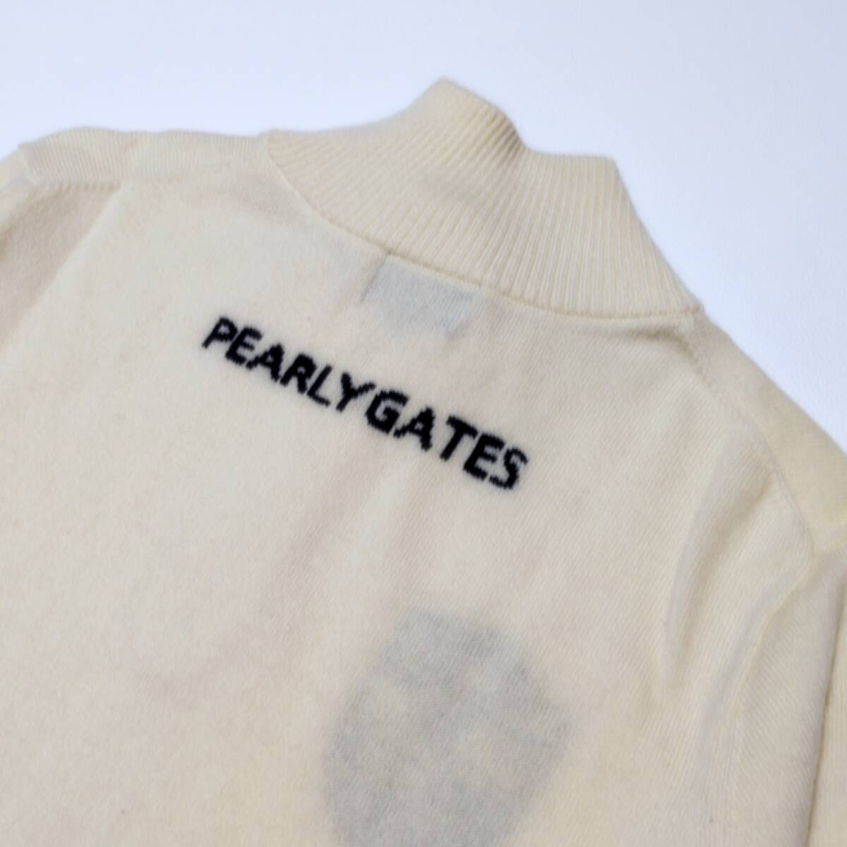 メンズL PEARLY GATES パーリーゲイツ カシミヤ混 ウール ハーフジップアップセーター ロゴ ニット オフホワイト ゴルフ ウェア_画像7