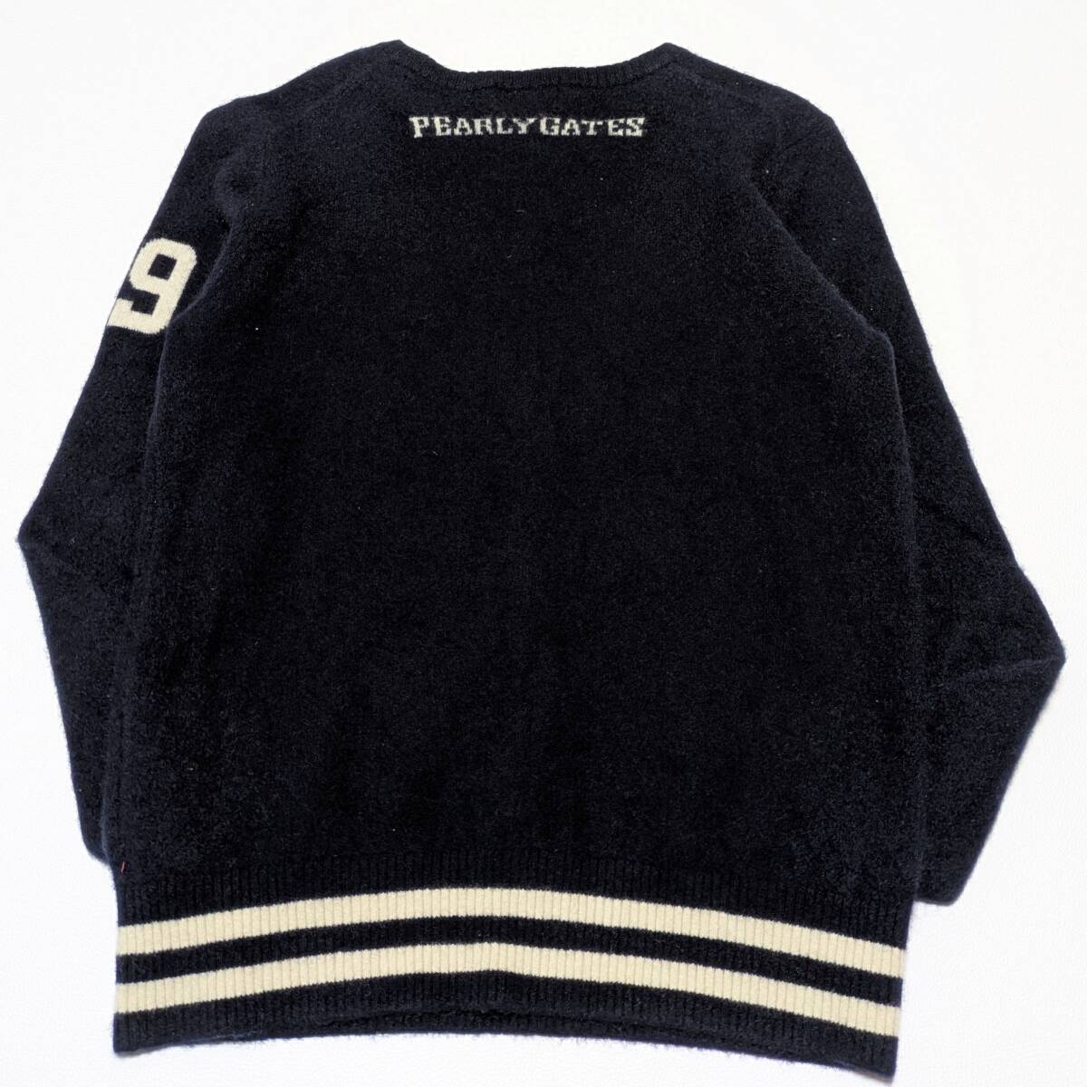 PEARLY GATES パーリーゲイツ カシミヤ混 ウール クルーネックセーター ロゴ ニット ネイビー 紺 Mサイズ メンズ ゴルフ ウェア_画像5