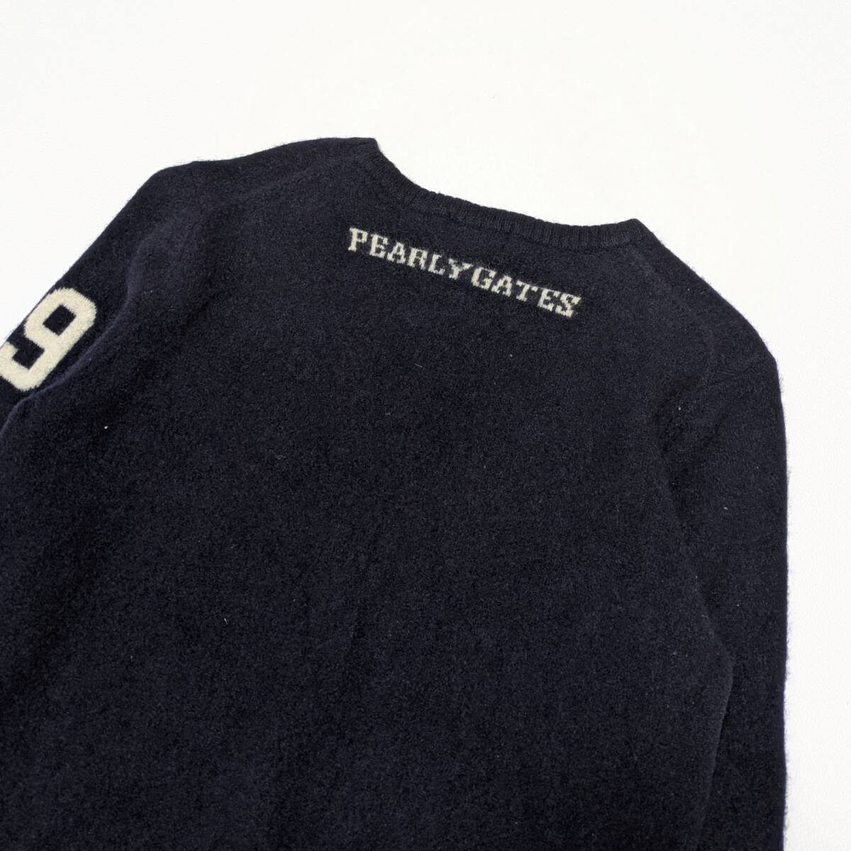 PEARLY GATES パーリーゲイツ カシミヤ混 ウール クルーネックセーター ロゴ ニット ネイビー 紺 Mサイズ メンズ ゴルフ ウェア_画像6