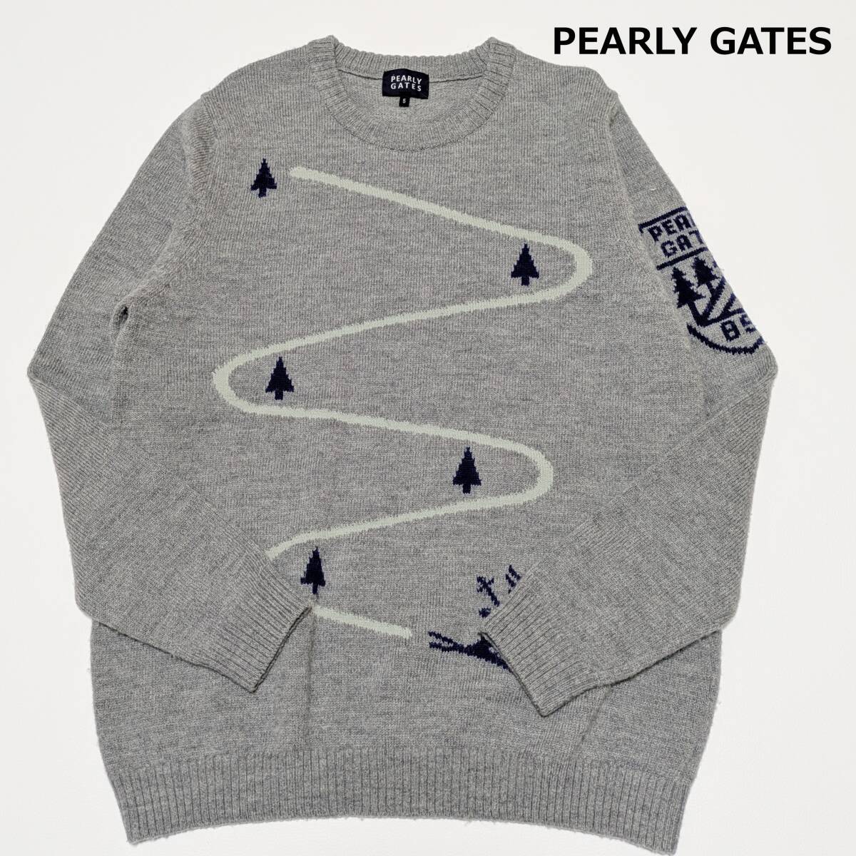 メンズＬ PEARLY GATES パーリーゲイツ アルパカ混 ウール クルーネックセーター 袖大きなロゴ ニット グレー ゴルフ ウェア_画像1