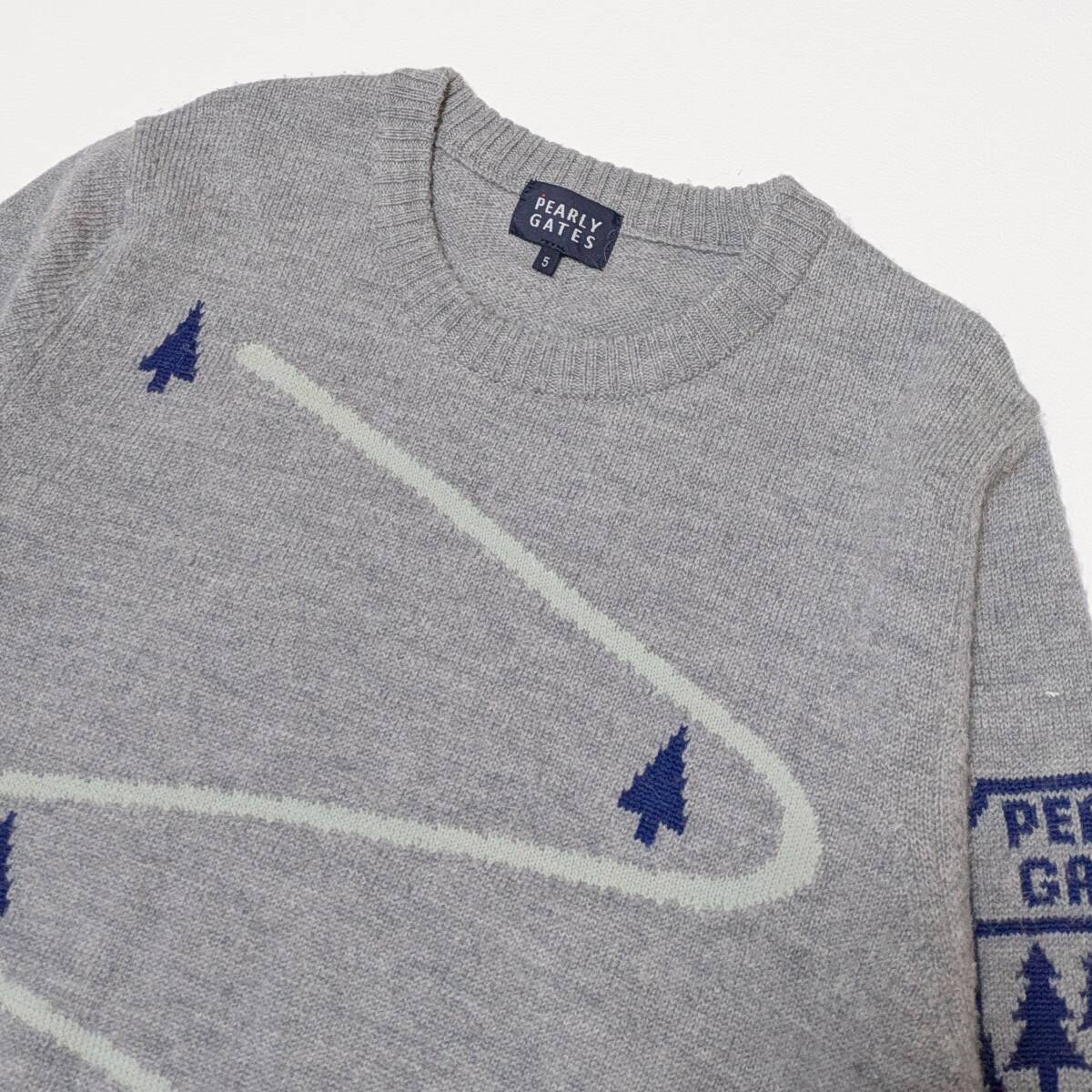メンズＬ PEARLY GATES パーリーゲイツ アルパカ混 ウール クルーネックセーター 袖大きなロゴ ニット グレー ゴルフ ウェア_画像2