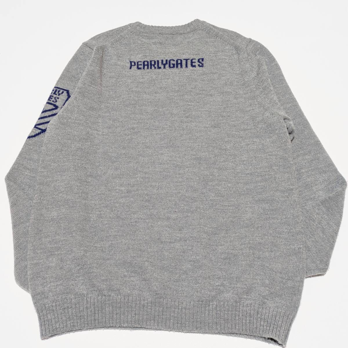 メンズＬ PEARLY GATES パーリーゲイツ アルパカ混 ウール クルーネックセーター 袖大きなロゴ ニット グレー ゴルフ ウェア_画像5