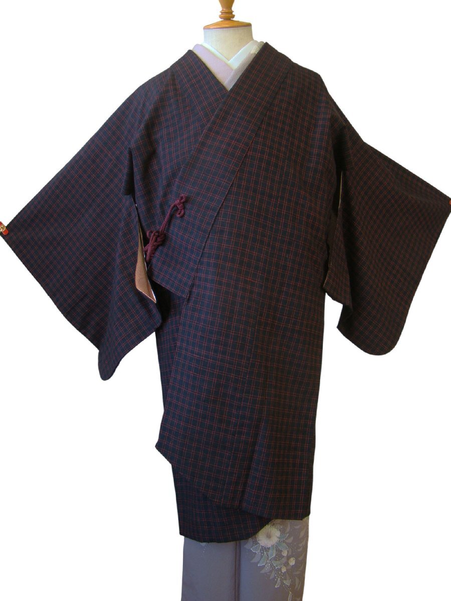 時代屋 美品 裄69cm 真綿紬 ロング寸 道中着 正絹 未使用 162cm~168cm Cs1475_画像1