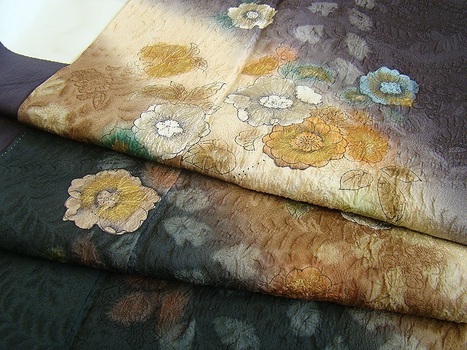 時代屋 裄63.6cm 極上縮緬地 辻が花 附下げ 訪問着 西陣織 袋帯 帯揚げ 帯〆 5点 セット 正絹 仕立上り 袷 148cm~154cm HH2116_画像2