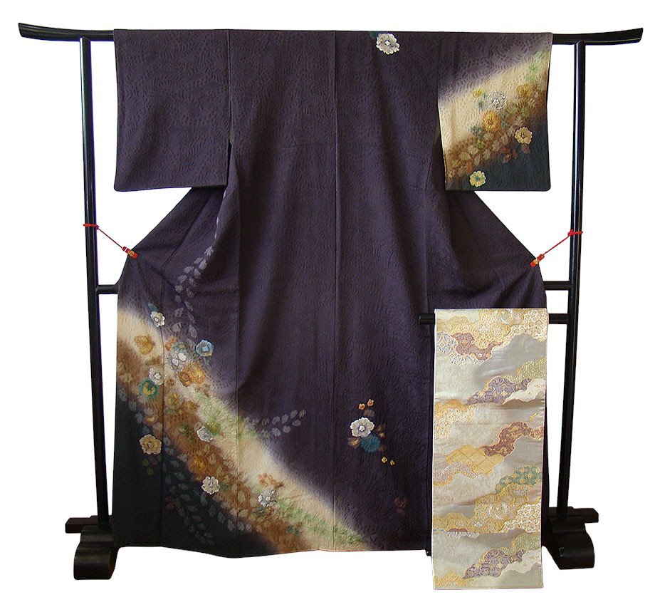 時代屋 裄63.6cm 極上縮緬地 辻が花 附下げ 訪問着 西陣織 袋帯 帯揚げ 帯〆 5点 セット 正絹 仕立上り 袷 148cm~154cm HH2116_画像4