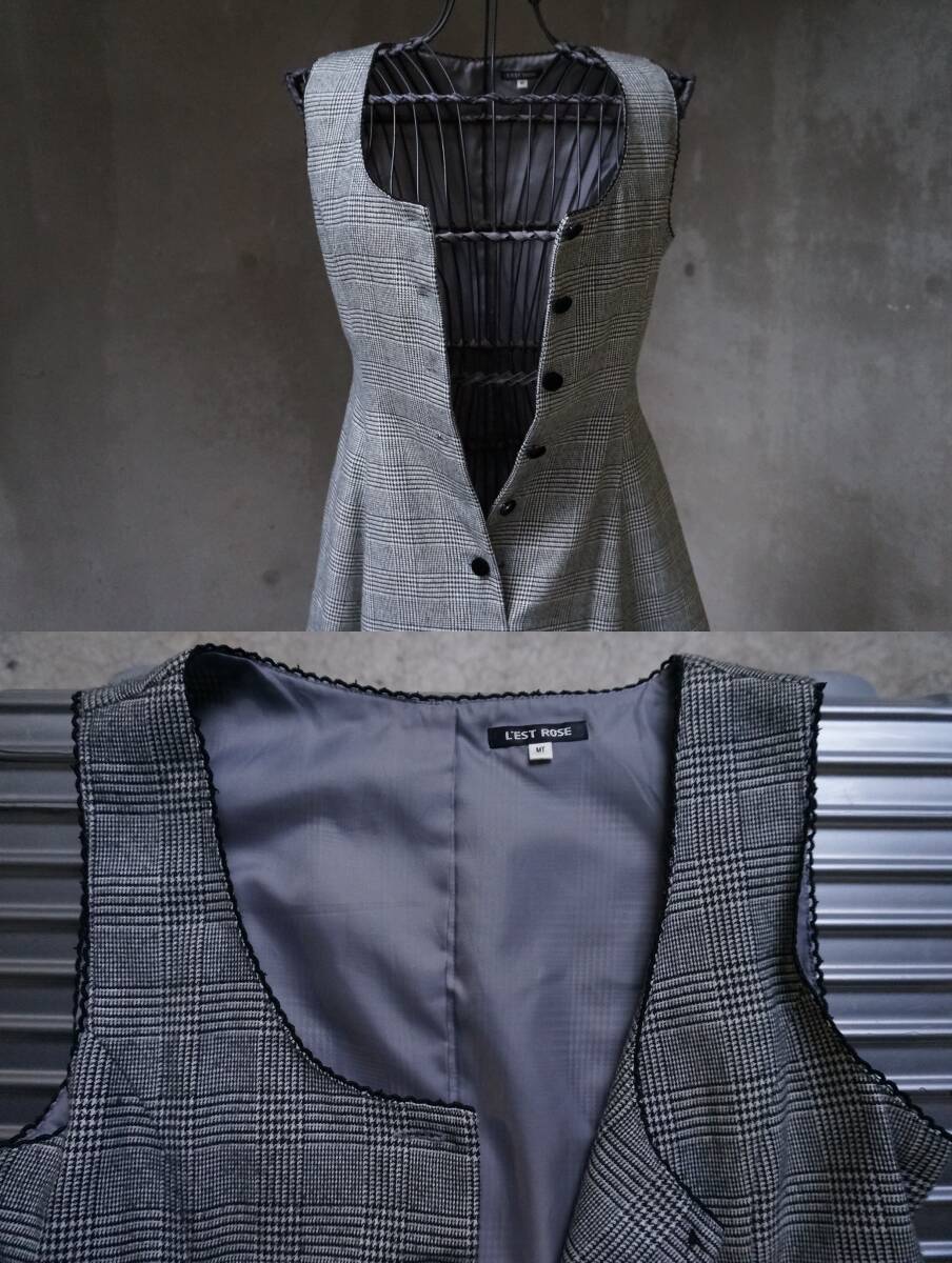 レストローズ L'EST ROSE グレンチェック & 黒 ブラックベロア ノースリーブ ワンピース ジャンパースカート M_画像8