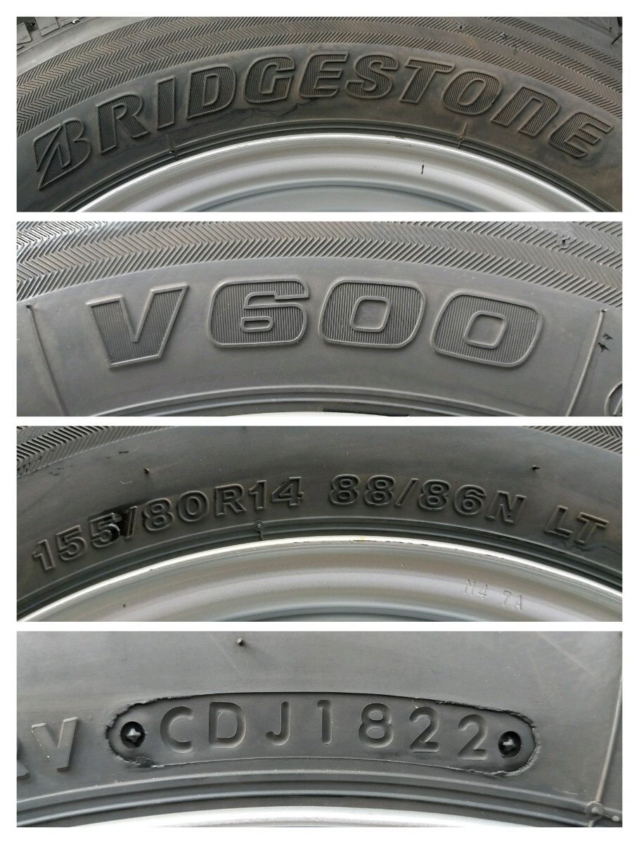スチールホイール 14インチ 14×5J 4H PCD100 +42 2022年製 BS V600 155/80R14 88/86N LT★鉄 プロボックス サクシード 商業車等_画像10