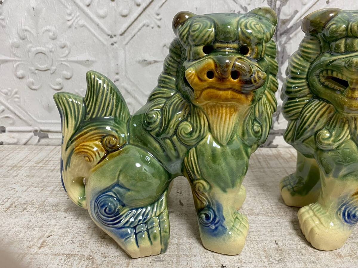 ★a-147【新品】獅子 シーサー 置物 陶器製 ペア 高さ:約22.5㎝ 阿吽対 厄除け 守り神 縁起物 インテリア オブジェ 沖縄 琉球_画像2