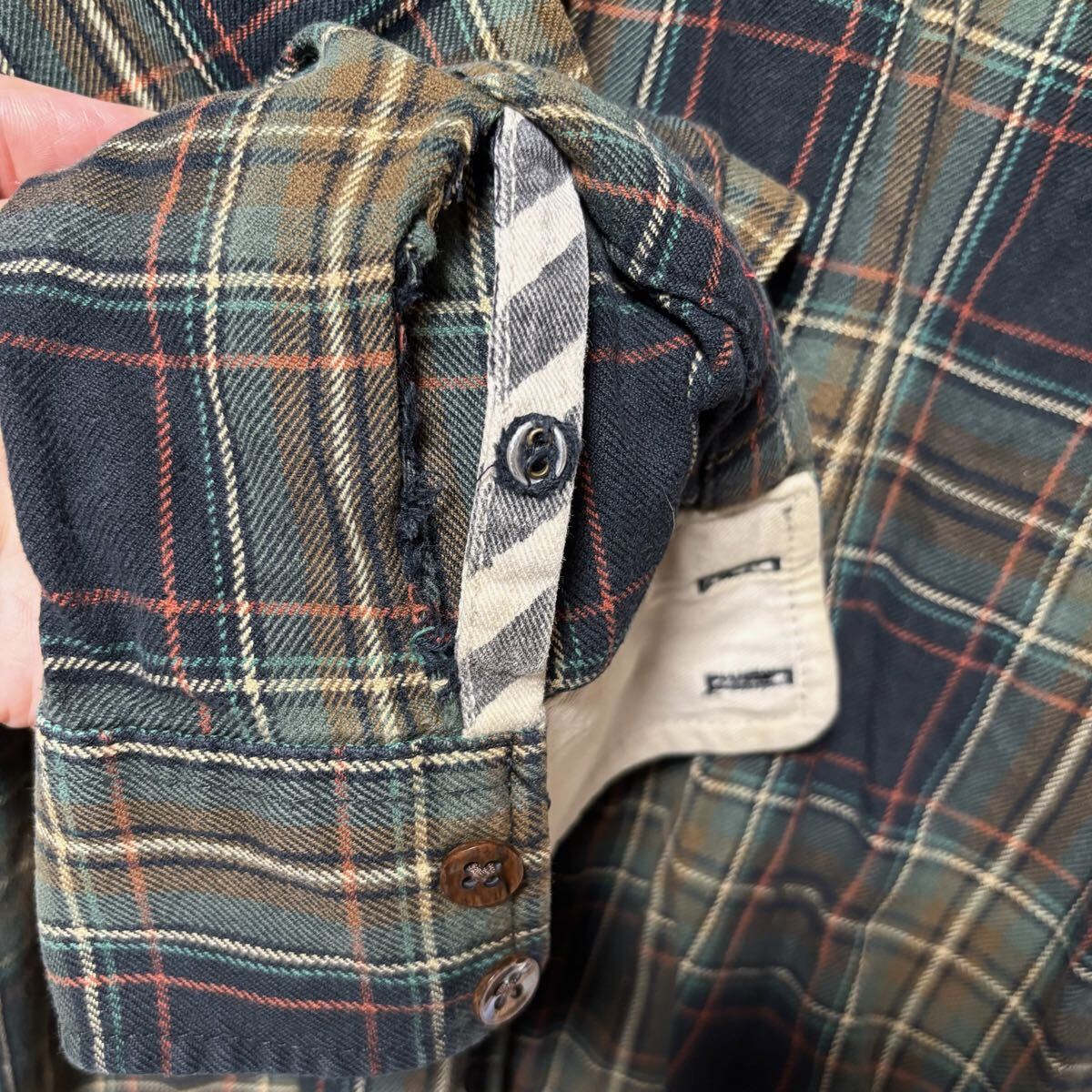 VANS ヴァンズ 長袖シャツ レギュラーカラー 胸ポケット チェックシャツ サイズL グリーン 緑 コットン メンズ トップス （32）_画像10
