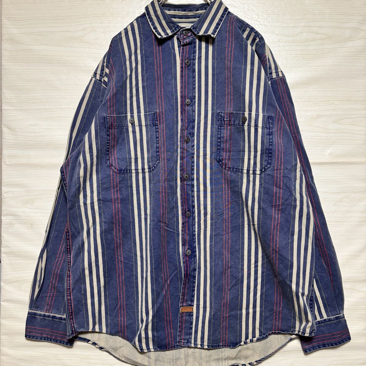 AMERICANEAGLE アメリカンイーグル 長袖シャツ レギュラーカラー ストライプシャツ サイズL ネイビー 紺色 メンズ トップス (35)_画像1