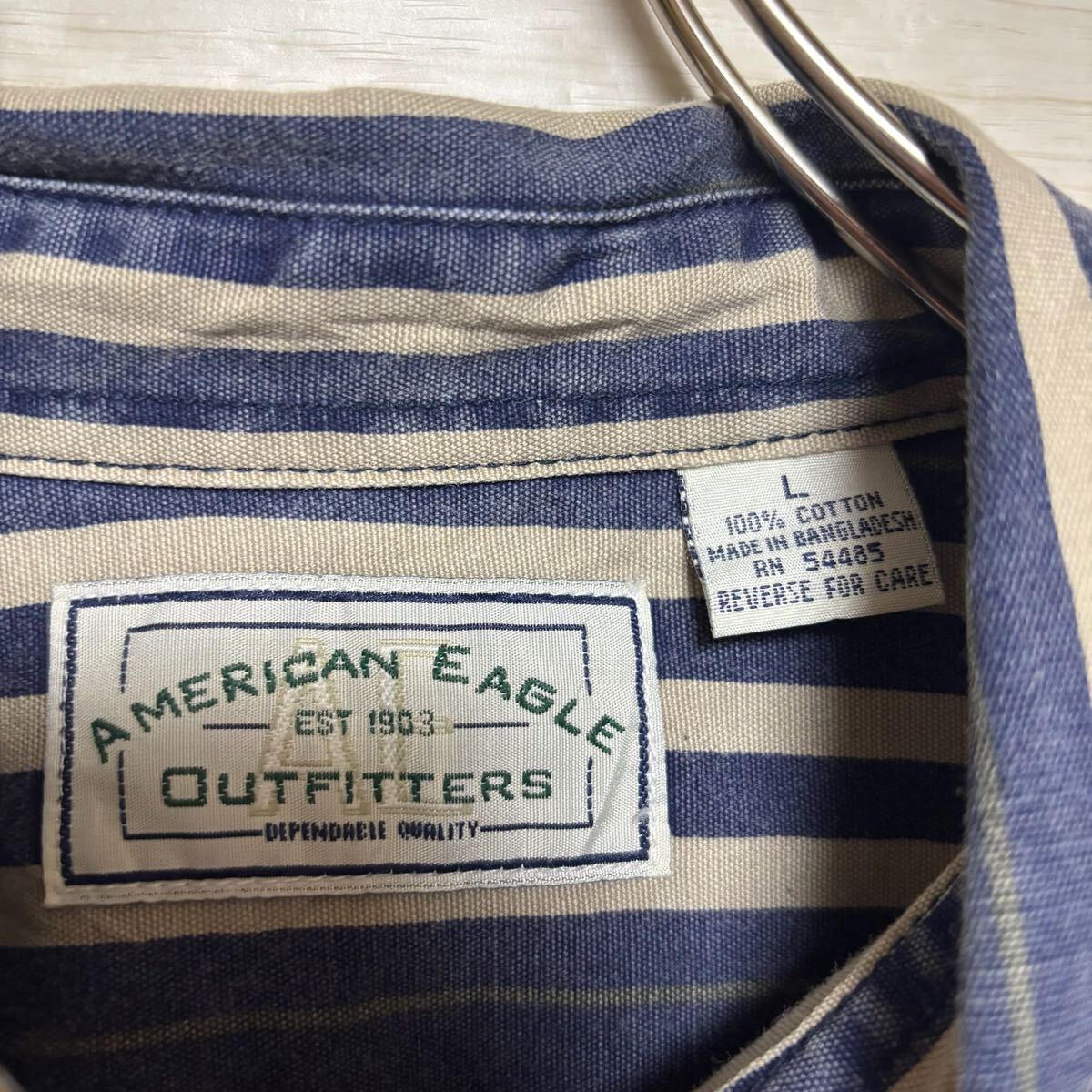 AMERICANEAGLE アメリカンイーグル 長袖シャツ レギュラーカラー ストライプシャツ サイズL ネイビー 紺色 メンズ トップス (35)_画像6