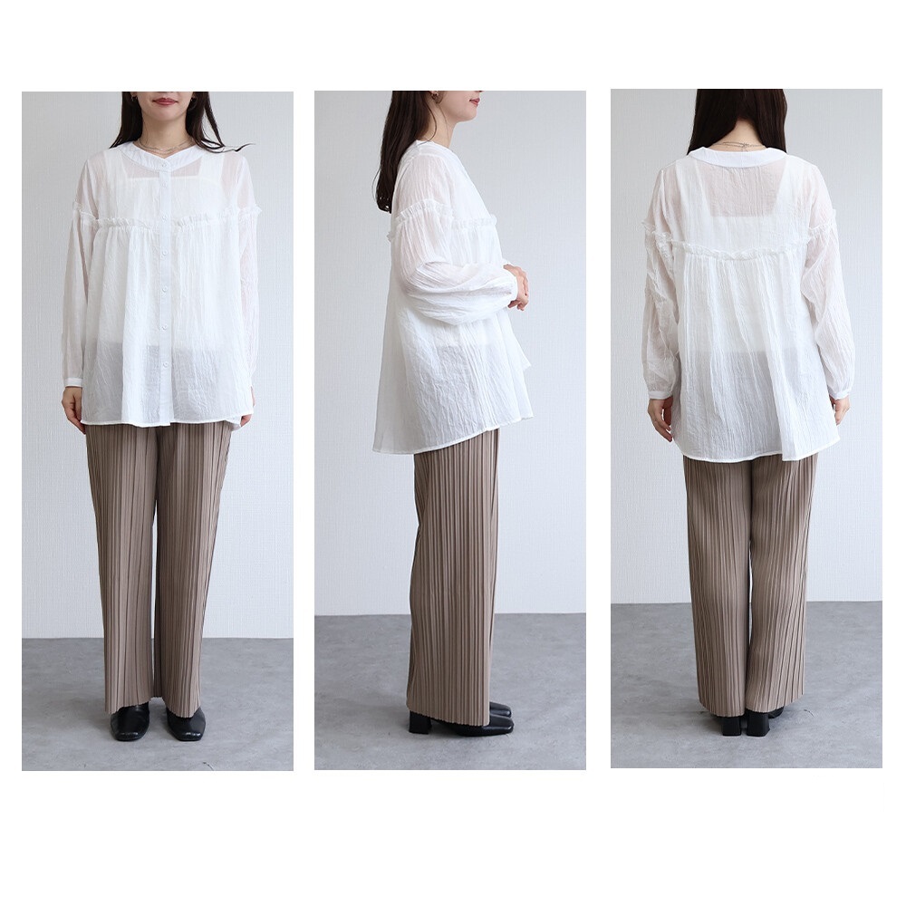 送料無料・ゆったりサイズ【新品】フェミニン♪ワッシャー加工☆ギャザー&フリルシャツチュニック◇羽織り物・白◆fit1027◆_画像10