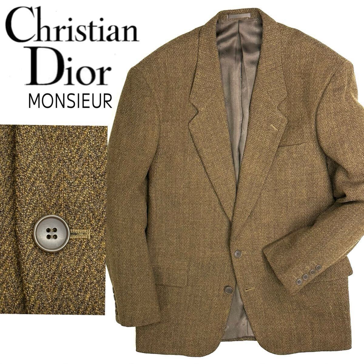 美品!!Christian Dior MONSIEUR 2B ウール ヘリンボーン ツイード テーラード ジャケット(M)カーキブラウンメンズ ブレザー 当時物_画像1
