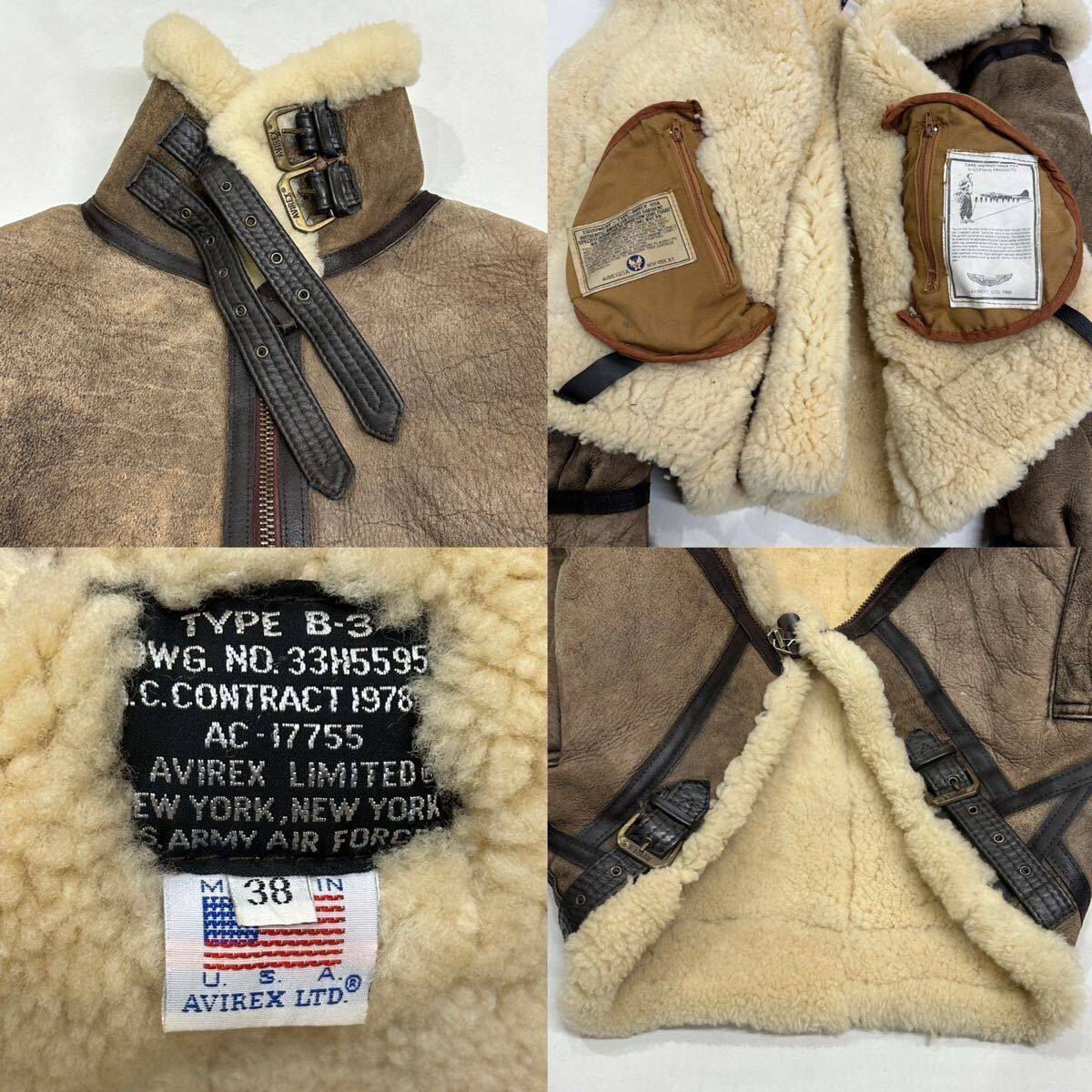 USA製 AVIREX アヴィレックス B-3 フライトジャケット(38)ブラウン 羊革 リアルムートン メンズ アウター ミリタリー _画像10