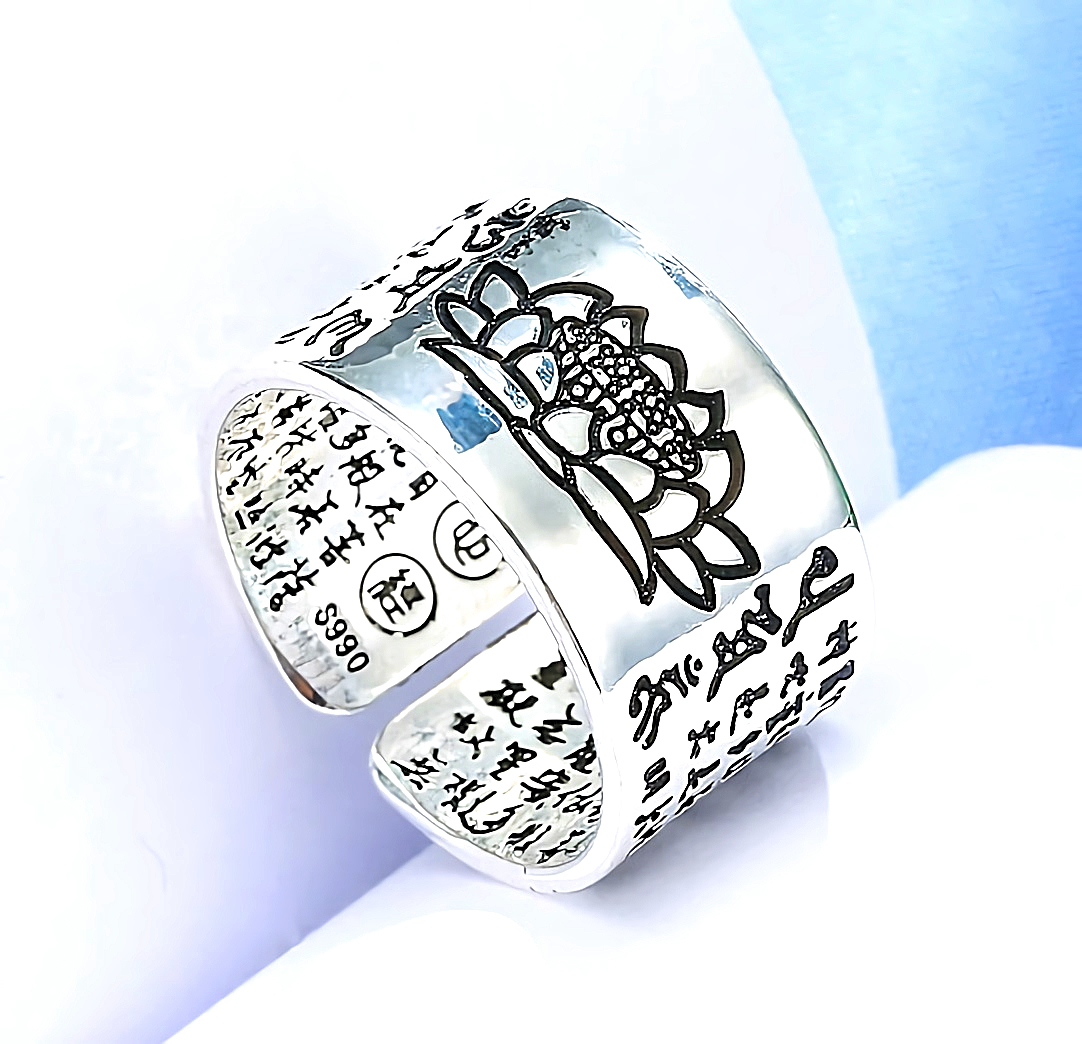 新品1円～★送料無料★長寿の蓮花彫刻 フリーサイズ 般若心境メンズプラチナ仕上シルバーリング 誕生日プレゼント旅行連休秋ギフト国内発送_画像4