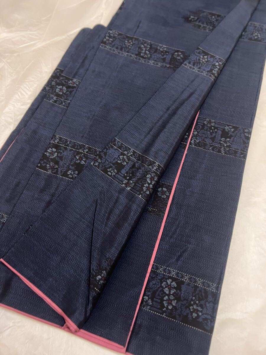 逸品 大島紬 大丸タグ付き 著物 著丈169cm 濃紺色 小紋 正絹 伝統(tǒng)織物