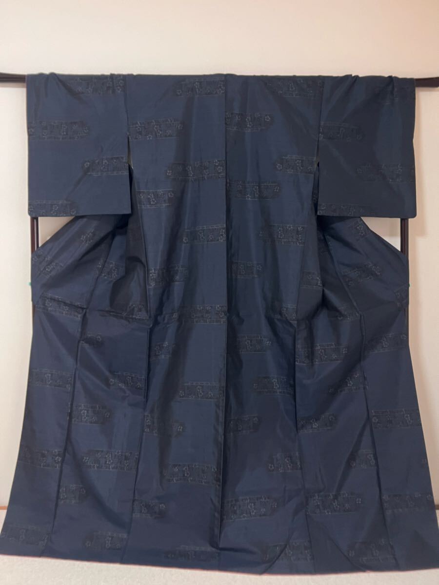 逸品 大島紬 大丸タグ付き 著物 著丈169cm 濃紺色 小紋 正絹 伝統(tǒng)織物