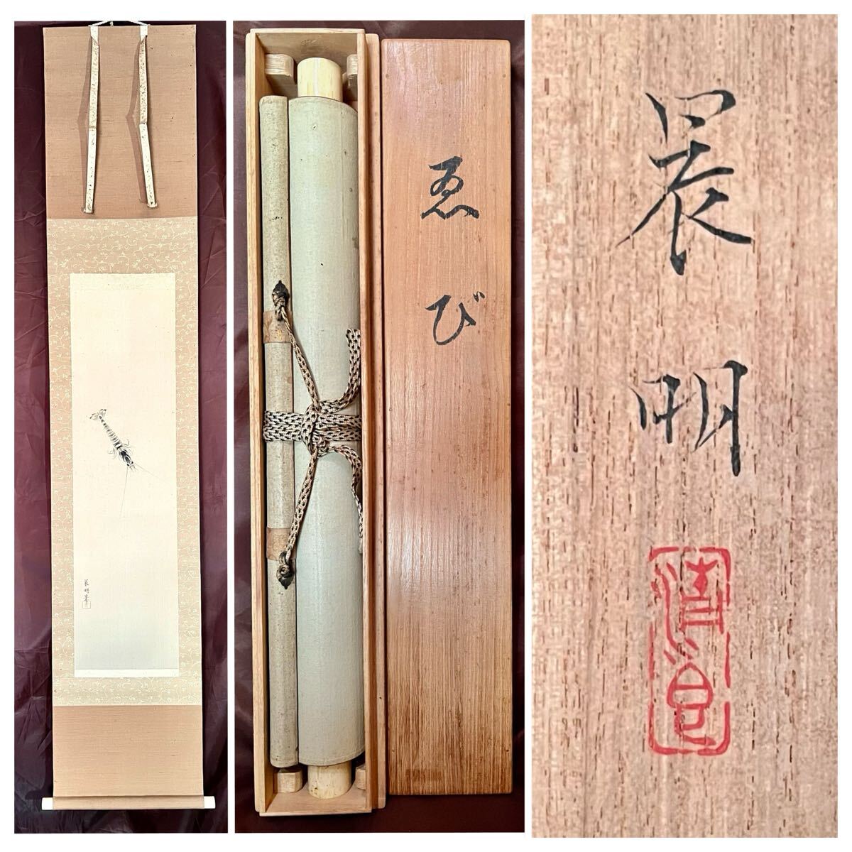 【真作】【S8】加藤晨明「ゑび」絹本 肉筆 共箱 鳥獣 えび 海老 魚介図 絵画 掛軸 昭和-平成時代の日本画家 愛知の人 師: 中村岳陵_画像2