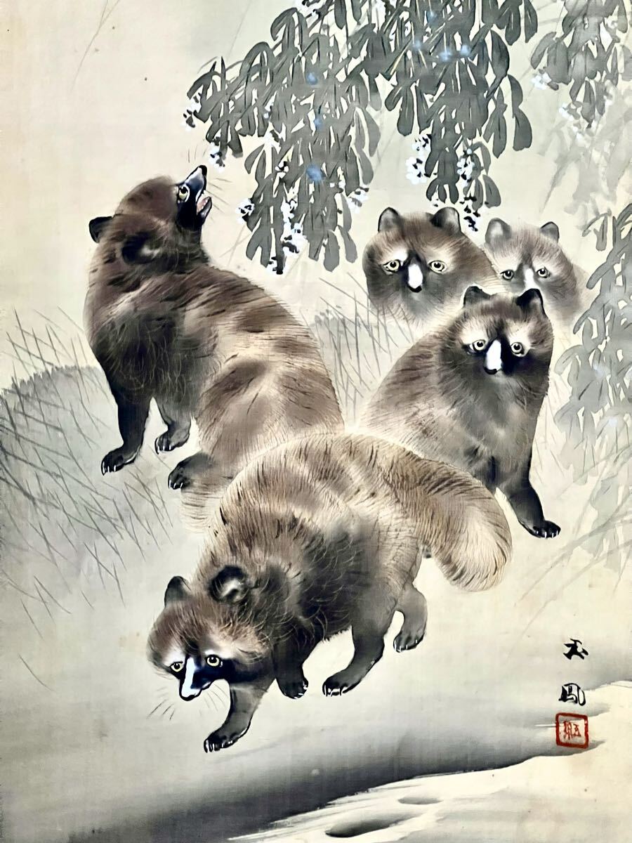 【真作】【S8】斎藤玉鳳「月に狸」絹本 肉筆 合箱 金泥 秋景 花鳥図 鳥獣 朧月 絵画 掛軸 明治-大正時代の日本画家_画像5