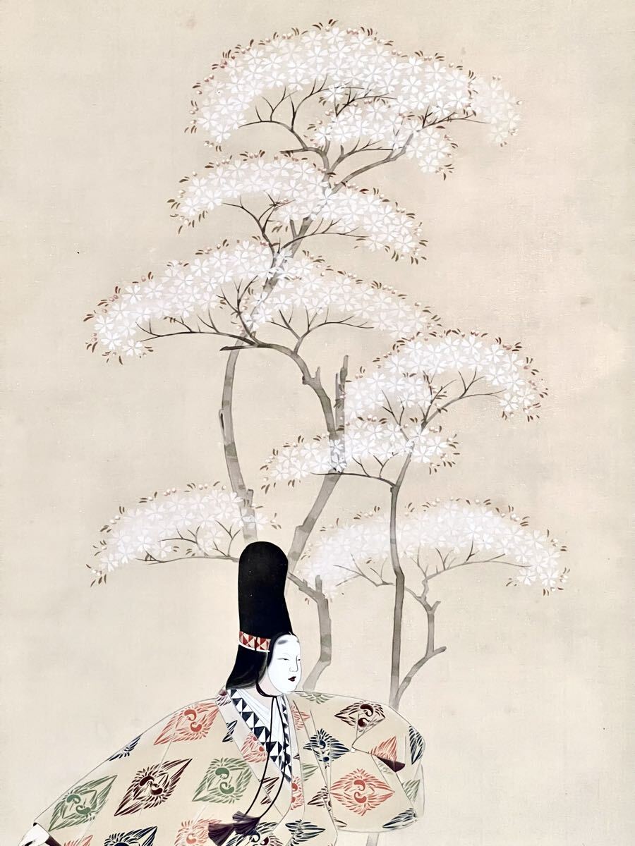 【真作】【S8】渡辺玉花「熊野」絹本 肉筆 合箱 金泥 能画 役者絵 桜 人物画 掛軸 女流日本画家 新興美術院理事長 師: 山内多門 吉村忠夫_画像3