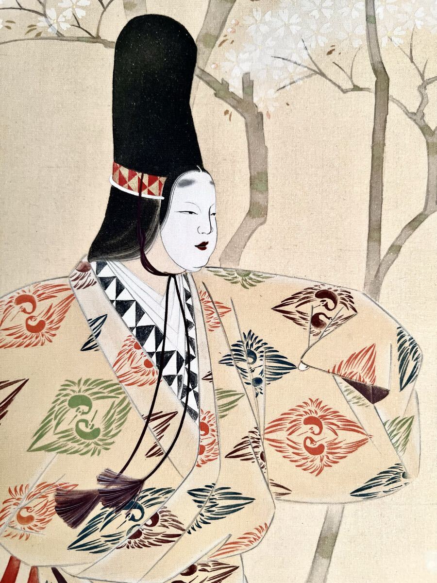 【真作】【S8】渡辺玉花「熊野」絹本 肉筆 合箱 金泥 能画 役者絵 桜 人物画 掛軸 女流日本画家 新興美術院理事長 師: 山内多門 吉村忠夫_画像7