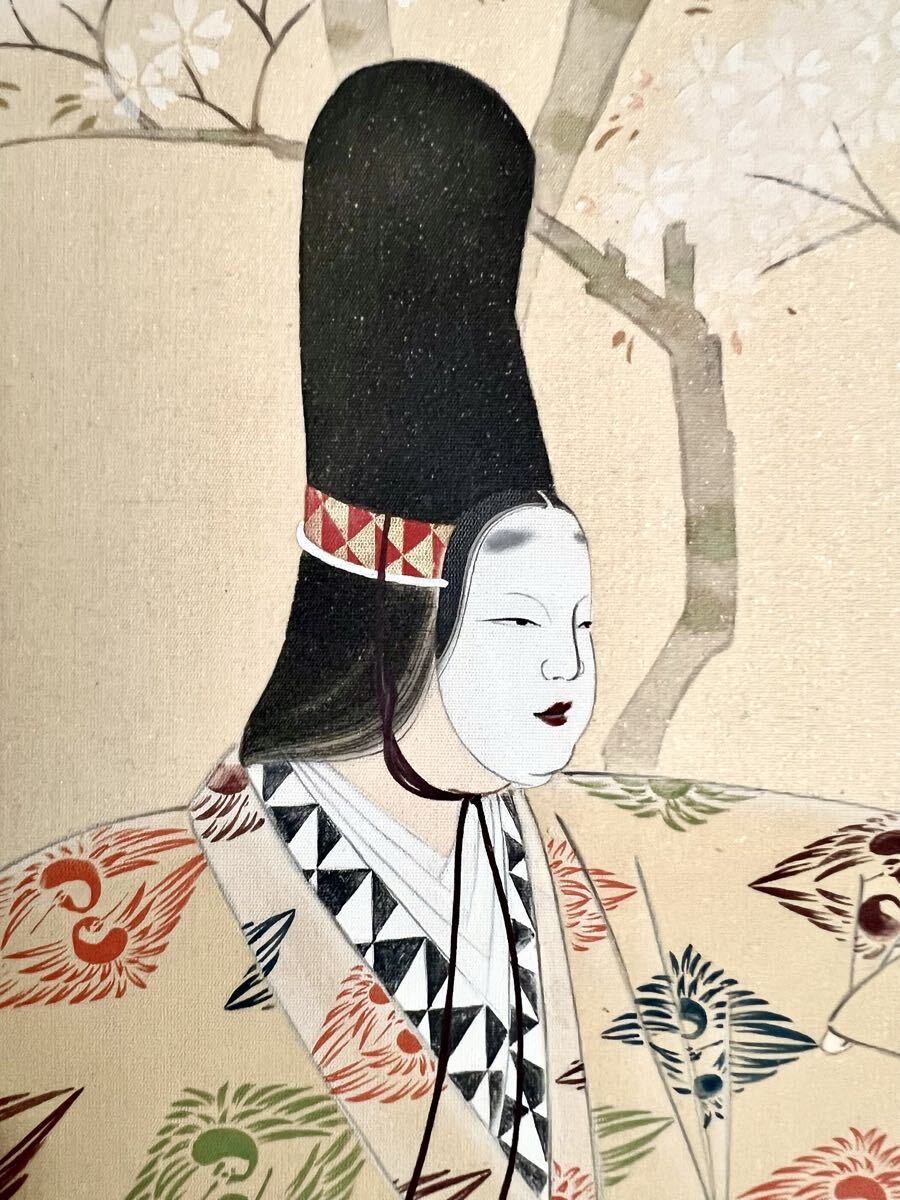 【真作】【S8】渡辺玉花「熊野」絹本 肉筆 合箱 金泥 能画 役者絵 桜 人物画 掛軸 女流日本画家 新興美術院理事長 師: 山内多門 吉村忠夫_画像8