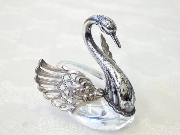 7432 美品☆ 銀製 スワン ソルト ＆ ペッパー入れ セット 162.5g 調味料入れ 白鳥 カットガラス SILVER 刻印 アンティーク_画像4
