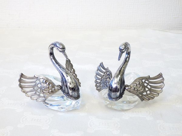 7432 美品☆ 銀製 スワン ソルト ＆ ペッパー入れ セット 162.5g 調味料入れ 白鳥 カットガラス SILVER 刻印 アンティーク_画像6
