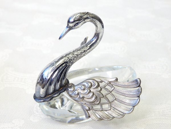 7432 美品☆ 銀製 スワン ソルト ＆ ペッパー入れ セット 162.5g 調味料入れ 白鳥 カットガラス SILVER 刻印 アンティーク_画像5