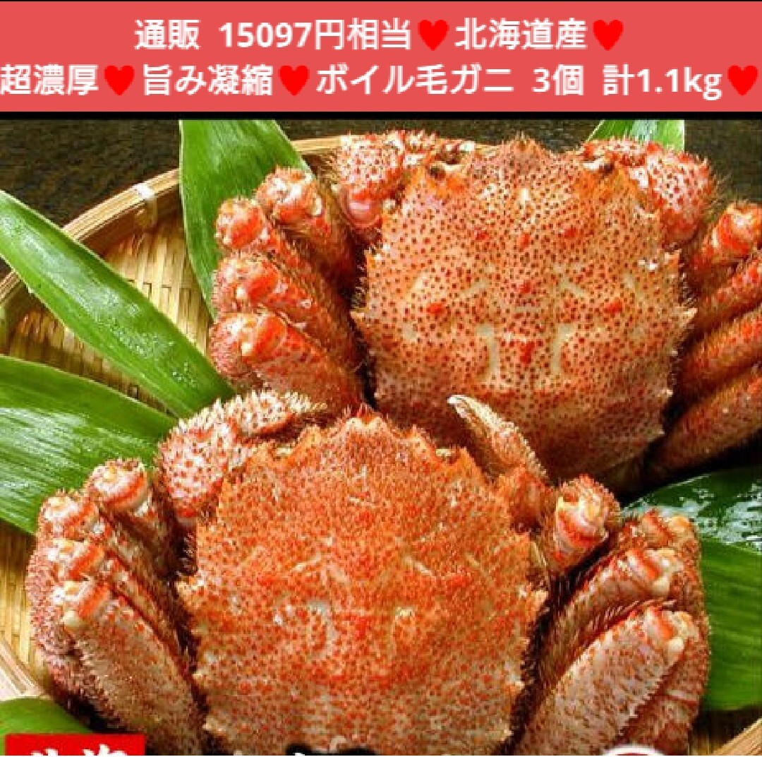 北海道産 ボイル毛ガニ 3尾 合計1.1kg前後 毛ガニ 蟹 毛蟹_画像1