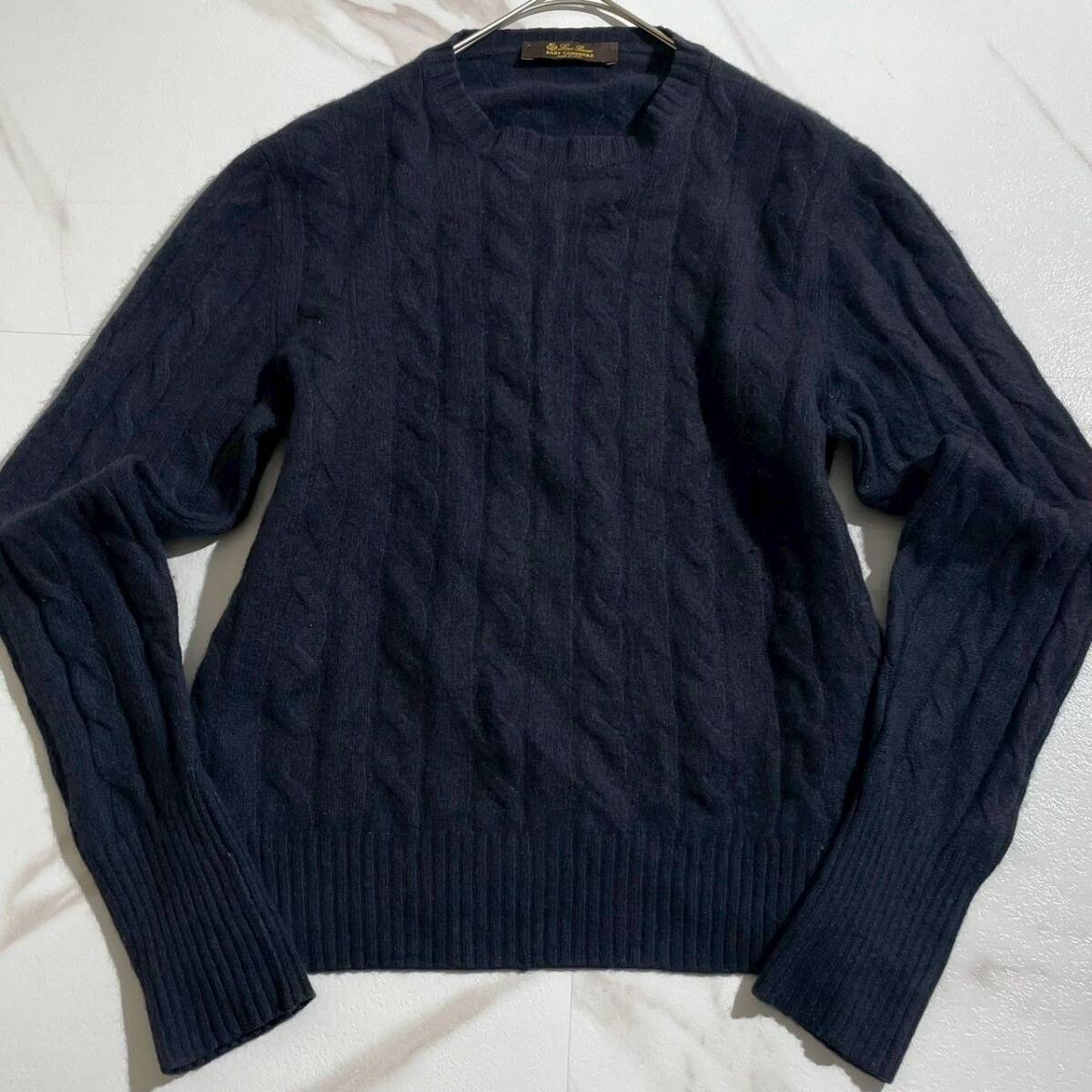 【美品/人気】Loro Piana ロロピアーナ ベビーカシミヤ100% メンズ ケーブルニット プルオーバー ネイビー 48 L相当 イタリア製 紺_画像2