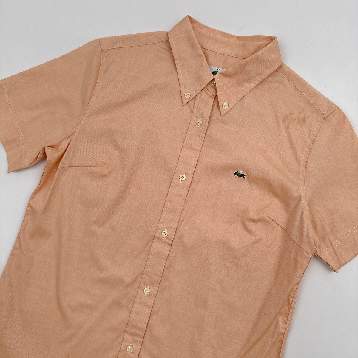 80s 90s LACOSTE ラコステ 文字ワニ ストレッチ ボタンダウン BD 半袖シャツ ブラウス サイズ 42 /オレンジ/ファブリカ/日本制/ビンテージ