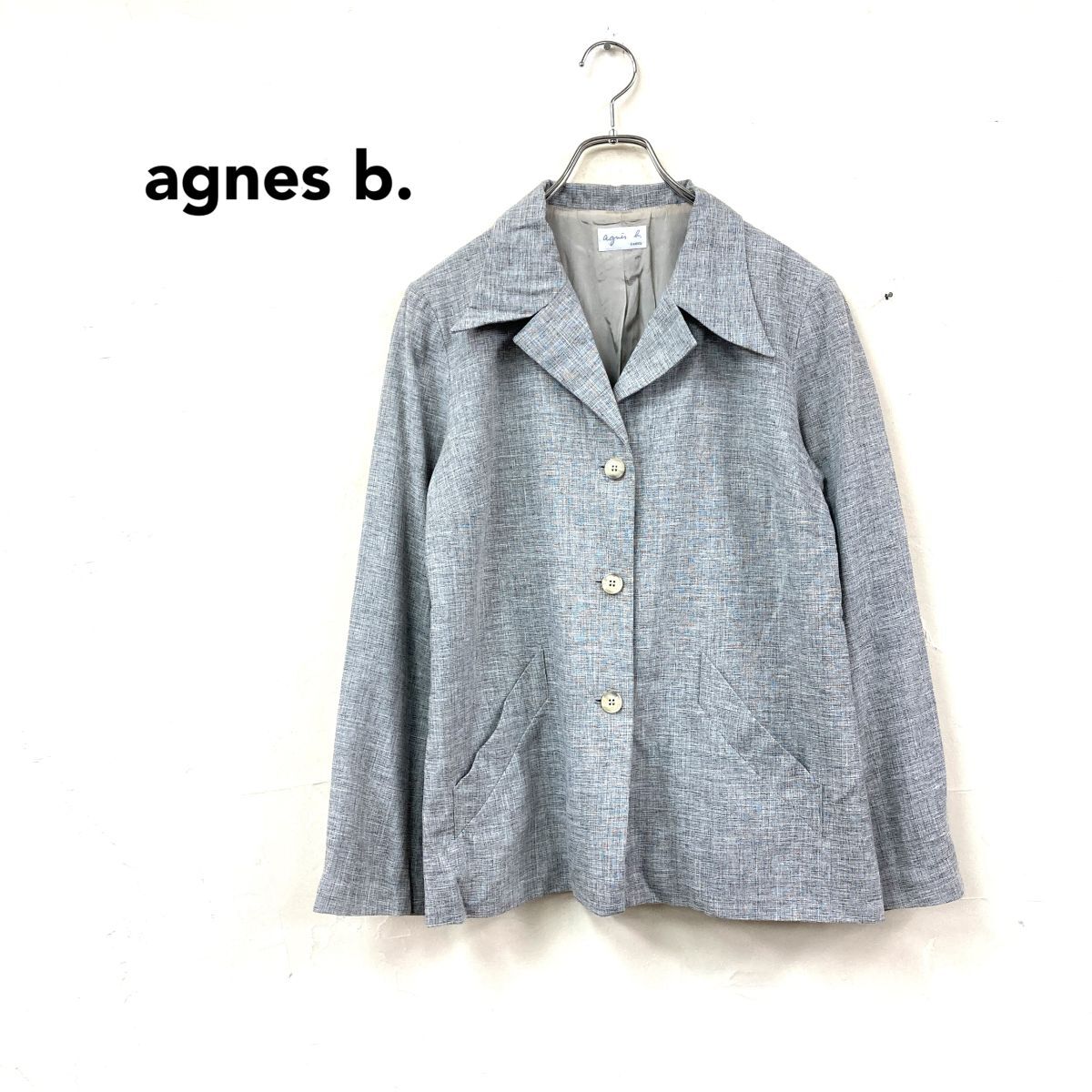 2K3430-Y◆フランス製◆agnes b. アニエスベー リネンブレンドテーラードジャケット センターベント レディース ◆size42 グレー レーヨン_画像1