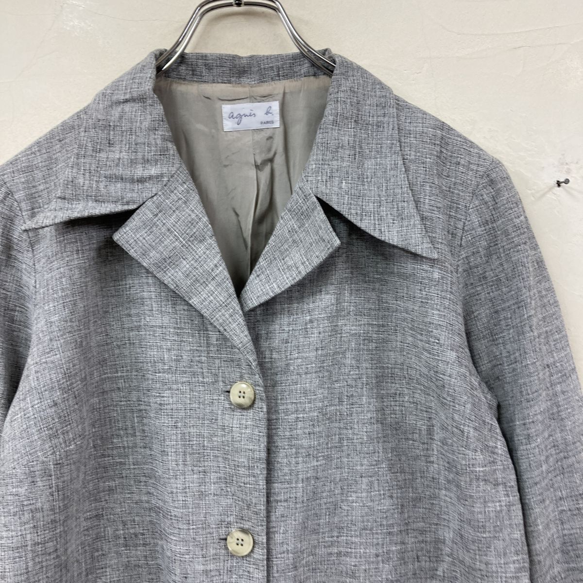 2K3430-Y◆フランス製◆agnes b. アニエスベー リネンブレンドテーラードジャケット センターベント レディース ◆size42 グレー レーヨン_画像3