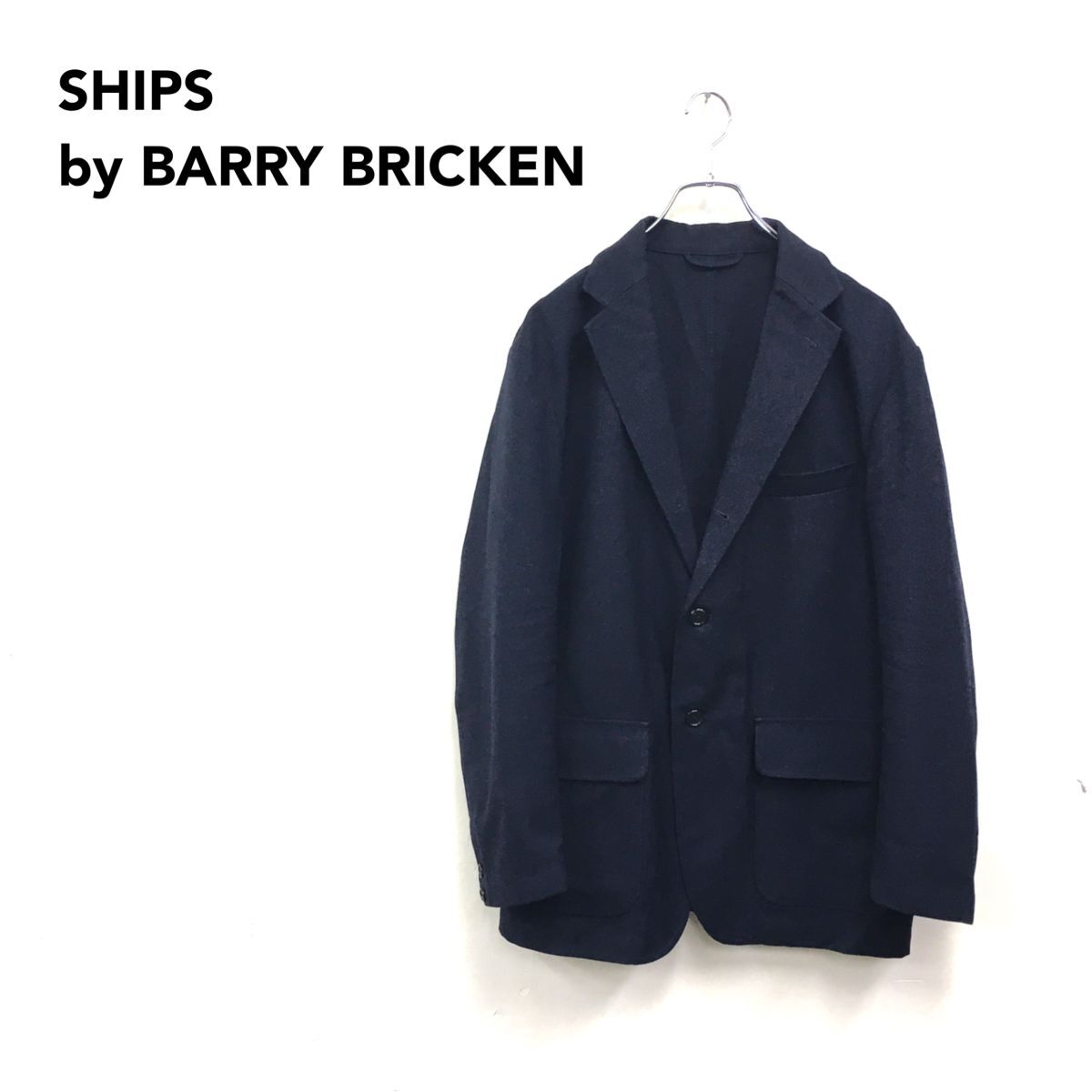 2K3379-G-N◆ SHIPS BARRY BRICKEN シップス バリーブリッケン USA製 ウールシングルテーラードジャケット 背抜き ◆ sizeL ネイビー 毛_画像1