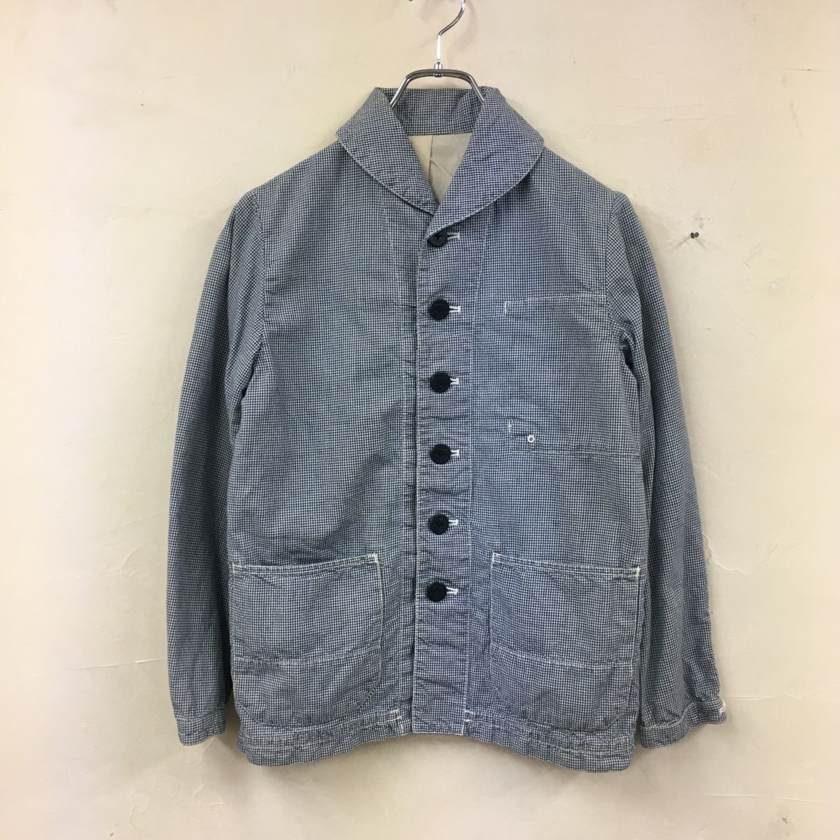 2O1870-G◆ 快晴堂 カイセイドウ コットンシャツジャケット マリン ショールカラー 千鳥柄 イカリボタン ◆ size2 ネイビー 綿 麻_画像2