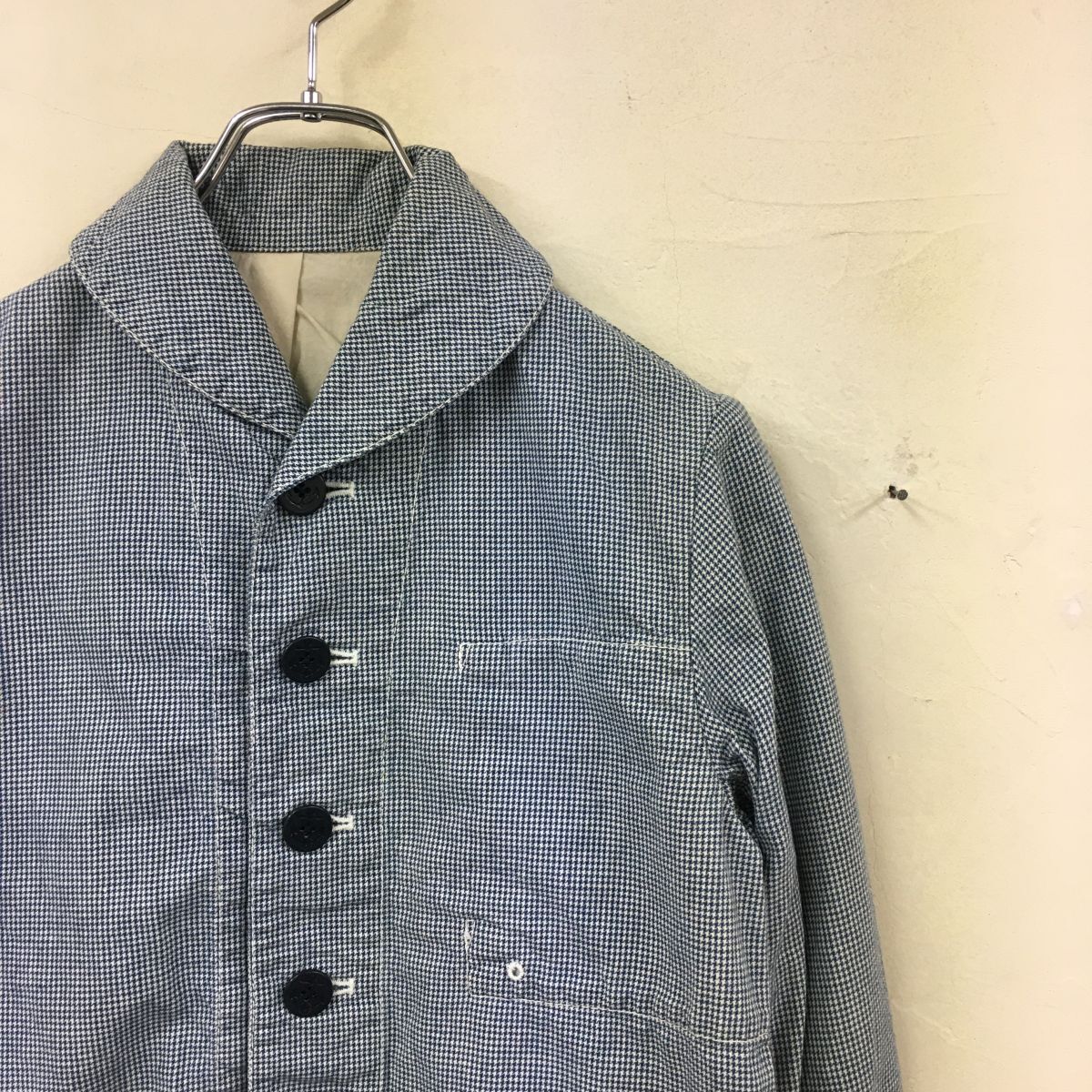 2O1870-G◆ 快晴堂 カイセイドウ コットンシャツジャケット マリン ショールカラー 千鳥柄 イカリボタン ◆ size2 ネイビー 綿 麻_画像3