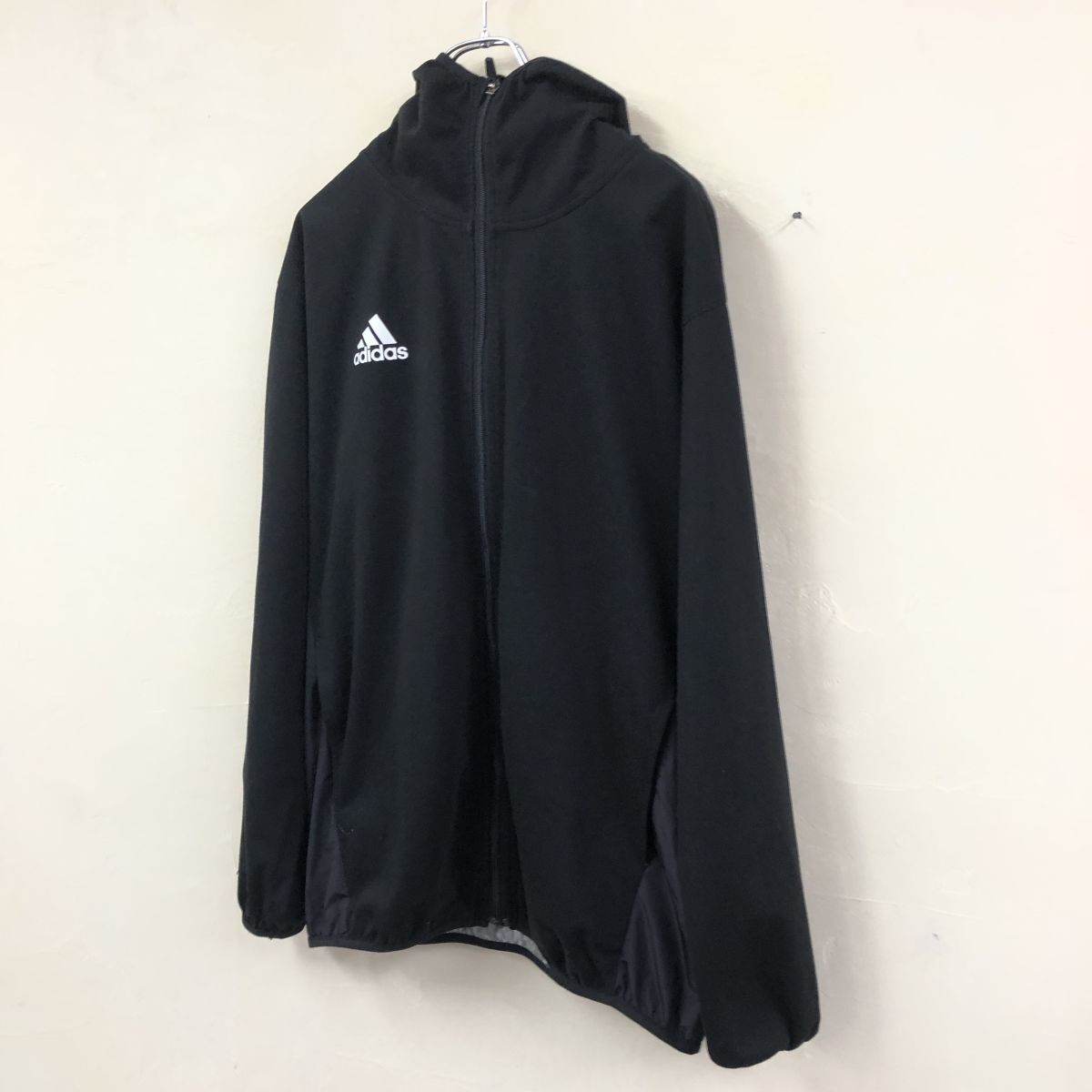 2O1832-O◆adidas アディダス フルジップジャケット ウィンドブレーカー ブランドロゴ フード付◆sizeXL ブラック ポリエステル コットン_画像5